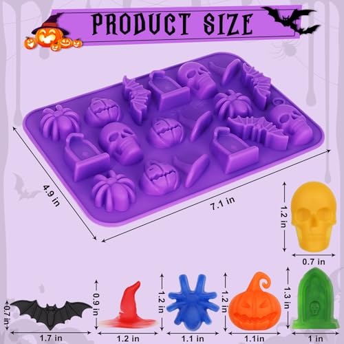 Image of 2 Pack Halloween Silicone Molds, Halloween Chocolate Molds, 3D Spider Skull Pumpkin Bat Mold for DIY Gummies Jello Ice Cube Jelly Chocolate Candy Cakes Decorations (Purple)