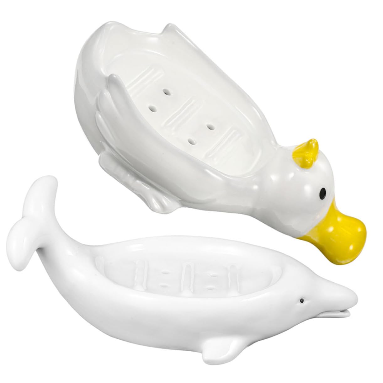 Jabonera de Cerámica Animal Marino Blanco 2 Piezas para Baño | Autodrenaje, Soporte para Esponja y Joyas, Decoración de Aseo, Obsequio de Inauguración