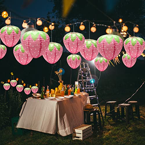 Image of Windspeed Strawberry Paper Lanterns, 8Pcs Hanging Ornament, 3D Strawberry Decoration for Birthday Party Decorations, 8 inch, 12 inch (Pink)