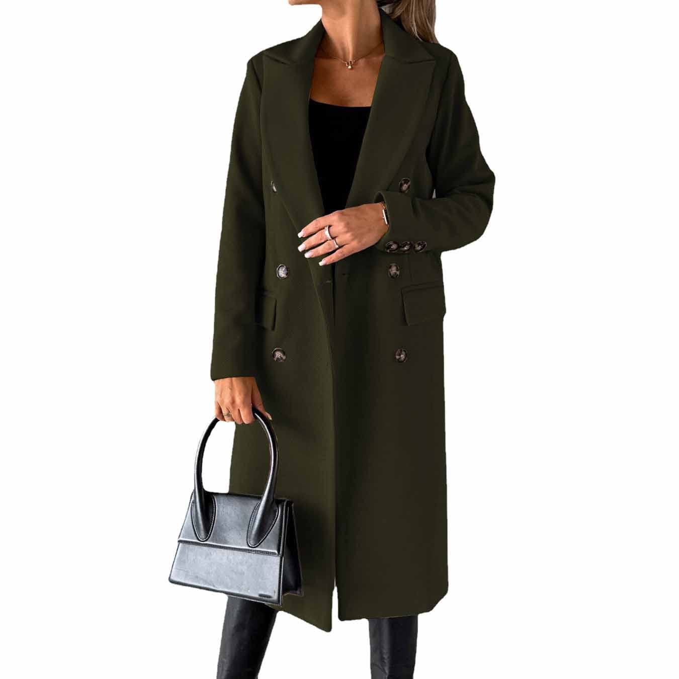 CARGIS Long-sleeved wool coat with double-breasted buttons,Women's Double Breasted Long Trench Coat Windproof Classic Lapel Slim Overcoat (green,XL)