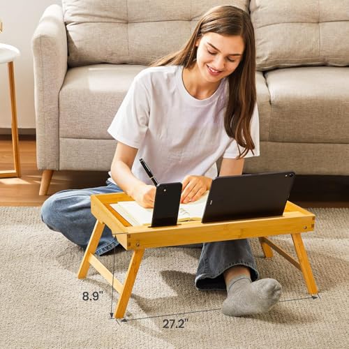 Image of Bamboo Bed Tray Table, Large Breakfast Tray with Folding Legs, Multipurpose Serving Tray Use As Portable Laptop Snack Table, for Working, Eating, Reading by Pipishell