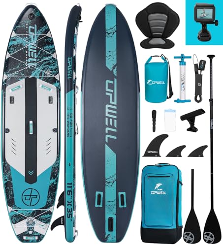 UPWELL 350x89x15cm Extra Breites Aufblasbares Stand Up Paddling Board zum Angeln, Stand Up Paddle Board mit Sitz, 2+1 Su...