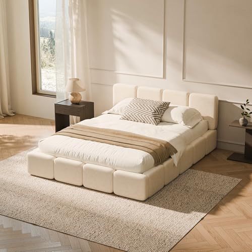 Image of RECCI Cloud Queen Upholstered Platform Bed Frame, Low Profile Grounded Design with Plush Headboard & Footboard, Wood Slat Support, Noise-Free, No Box Spring Required, Beige