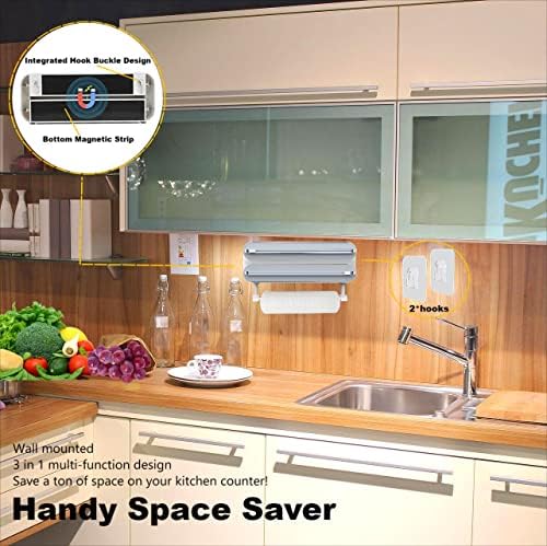 Magnetic Cling Film Dispenser and Cutter - Upgraded 3 in 1 Kitchen Roll Holder Wall Mounted, Quasziwa Refillable Cling Wrap Aluminum Tin Foil dispenser with Paper Towel Holder - Fits 12" Roll (White)