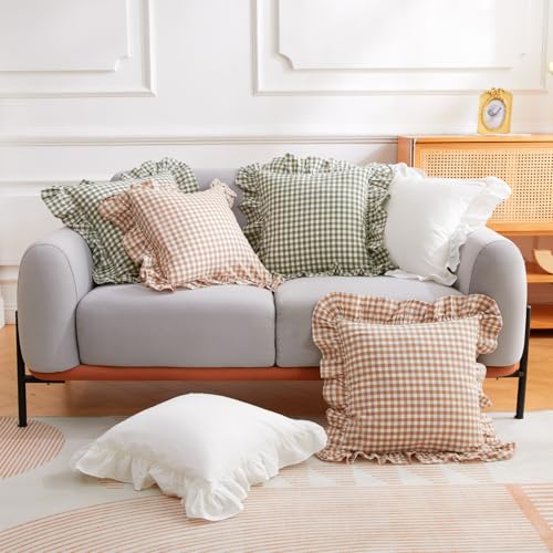2 Pack Taupe Plaid Pillow Covers 18x18 inches, 2 Pack 100% Washed Cotton Gingham Throw Pillow, Vintage Checkered Ruffle Pillow Shams Pillow Cases for Sofa, Bed, Living Room