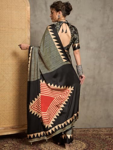 Image of AKHILAM Women's Pure Crepe Striped Printed Saree With Unstitched Blouse Piece