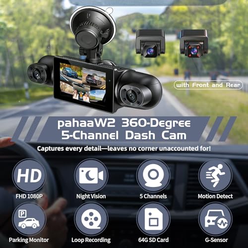 Image of 5Channel Dash Cam,Front and Rear, 360 Dash Camera, 2160P /1080P UHD, Super Night Vision with IR LEDs, Built-in 5G WiFi, G-Sensor, 24-Hour Parking Monitoring, Includes 64GB TF Card, 3Inch Screen