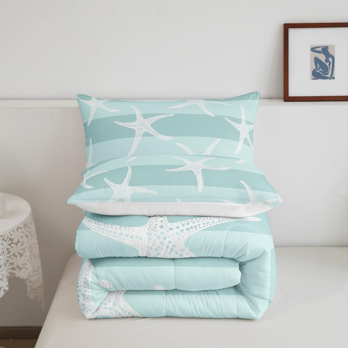 Ocean Comforter Set Twin Size,Blue White Geometric Stripes Quilt 2pcs,Starfish Undersea Creatures Bedding Set,Hawaii Sea Style Duvet Insert with 1 Pillowcase, (TYTS1374ZMD-BZ_USt)