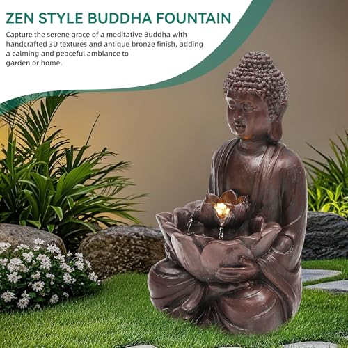 Ultym Zen Buddha Water Fountain Outdoor, 19" H Handcrafted Buddha Statue Water Feature with Soothing Waterfalls & Lights, Peaceful Oasis for Garden Patio Yard Deck Living Room Floor Tabletop Decor by Ultym - Used condition - Image 9