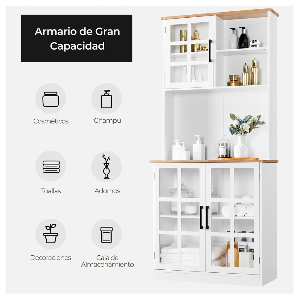 Yaheetech Alacena de Cocina Mueble Buffet Armario de Cocina Aparador de Almacenaje con Puertas de Vidrio, Estantes Ajustables 80 × 37 × 183 cm