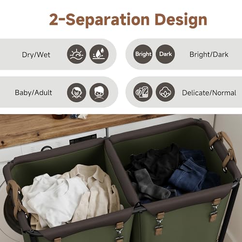 Image of StorageWorks 2 Section Laundry Hamper, 330L Extra Large Green Rolling Cart | 2 Section Laundry Hamper with Wheels, Green Rolling Sorter Cart for Bathroom, Hotel