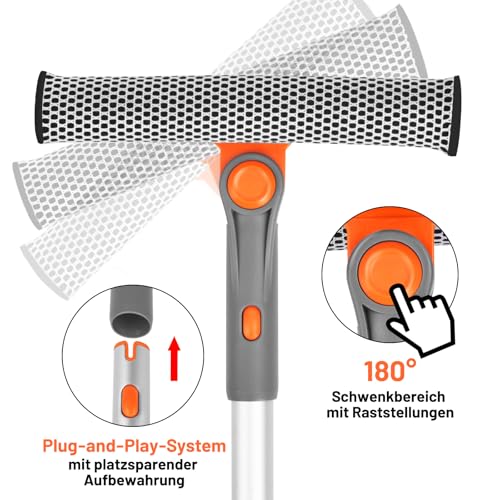 Eazer Fensterputzer & Fensterabzieher,2-in-1 drehbares Kombi-Set mit Teleskopstange (51-77 cm) für Fenster, Dusche und Auto-Windschutzscheibe