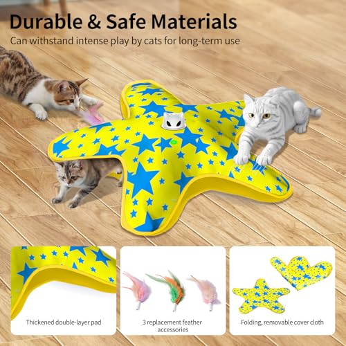 Rechargeable Interactive Cat Toys, Automatic Cat Toy for Indoor Cats, Durable Hide and Seek Cat Toy with Moving Concealed Feathers, Touch Activated Kitten Toys Cat Exercise Toys, Yellow Blue Cover — view 4