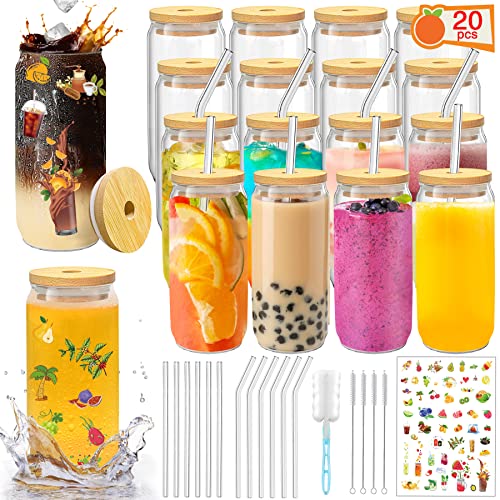 PeacePeo Glass Cups with Lids and Straws 20 Pcs 16 oz Ice Coffee Cup Skinny and Long Can Beer Cups Set Drinking Glasses with Bamboo Lids Reusable Glass Cups Ideal for Smoothies & Beverages by PeacePeo - Used condition - US$40.31