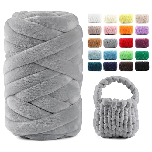 Chunky Yarn for Hand Knitting & Arm Knitting - 0.66lb Super Bulky Velvet Chenille Tube Yarn for DIY Pillows, Pet Beds, Baskets & Home Decor | No Tools Needed, Machine Washable, Gray, 1 Pack