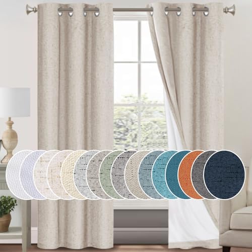 PrinceDeco Primitive Textured Linen 100% Blackout Curtains for Bedroom/Living Room Energy Saving Window Treatment Curtain Drapes, Burlap Fabric with White Thermal Insulated Liner (42 x 84in, Natural)