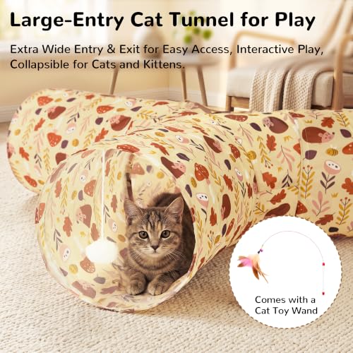 Image of Tempcore Cat Tunnel, 3-Way Collapsible Toy, Large Size Khaki Hedgehog | Large Size 3-Way Cat Tunnel Provides More Room for Cats to Run, Hide and Chase, with Peek Holes, Hanging Ball and Teaser Wand