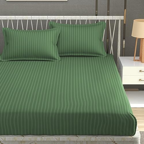 Homefab India 160 TC Stripe Glace Cotton Double BedSheet with 2 Pillow Covers - (90x90 inches) - Dark Green