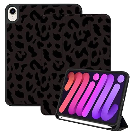 Deokke Compatible with iPad mini 7 Case(A17 Pro) 2024 iPad mini 6 Case 8.3 Inch 2021,Pencil Holder Soft Back Auto Sleep/Wake Cover Women Men Girls Cute-Black Leopard Cheetah