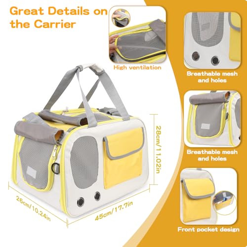 Cat Travel Carrier for Two, Portable Pet Carrier Bag, Pet Travel Carriers for Dogs 45x28x26cm, With Shoulder Strap & Removable Mat, Two-Way Placement on Airplane, Collapsible (Yellow)