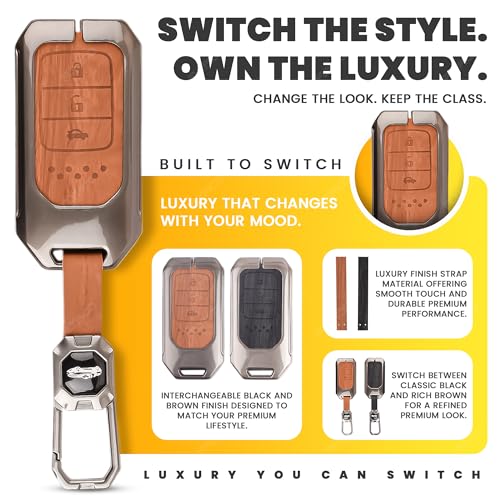 Image of Car Key Cover Compatible with Honda BRV, WRV, CRV, Jazz, City 3-Button Smart Key (Dual Leather Metal (Black & Brown))