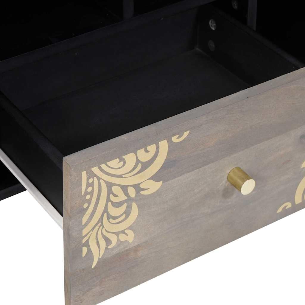 Mueble de TV de madera maciza de mango gris 100 x 33 x 46 cm con estante, cajón y botones de latón para sala de estar cine en casa y televisor