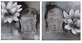 Sukima Decor Buda Loto Lote 2 Cuadros, Lienzo, Plateado, 60x6x60 cm