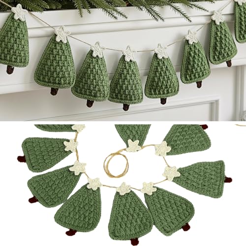 Fuweave Crochet Christmas Tree Garland 6.6 ft Handmade Xmas Banner Decor | Farmhouse Rustic Tree Shaped Banner, Holiday Hanging Ornament for Fireplace Mantel Wall Window, Home Cottage Woodland Nursery