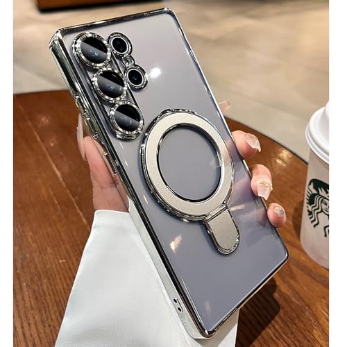 ZinLyuen Magnetic for Samsung Galaxy S26 Ultra Case Stand & Ring Holder Compatible with MagSafe Built-in Camera Lens Protector Phone Case for Samsung S26 Ultra - Silver