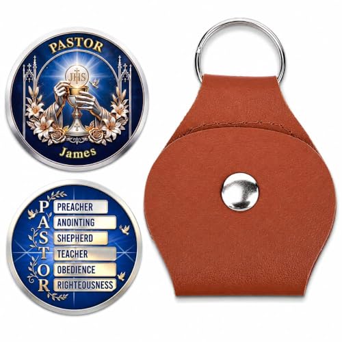 A Pastor Who Leads With Grace Personalized Pocket Hug with Name, Custom Christian Coin Token with Leather Holder Keychain, Pastor Appreciation Religious Gift for Reverend Minister Church Leader (2)