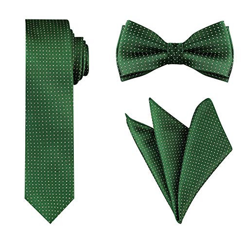 Allegra K Men's Classic Polka Dots Formal Necktie Bowtie Pocket Square Wedding Tie Set One size Dark Green