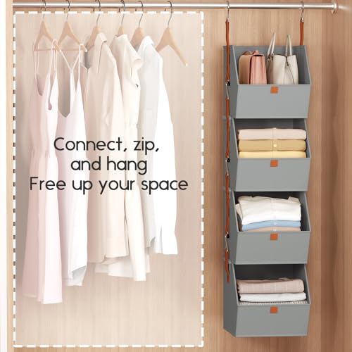 Hanging Closet Organizer 4 Tier - Clothes Hanging Shelves, Space-Saving Closet System, Fabric Storage Bins Bedroom Organization, Collapsible Baskets for Home, Dorm, Rv, Grey, 2 Pack - Image 6