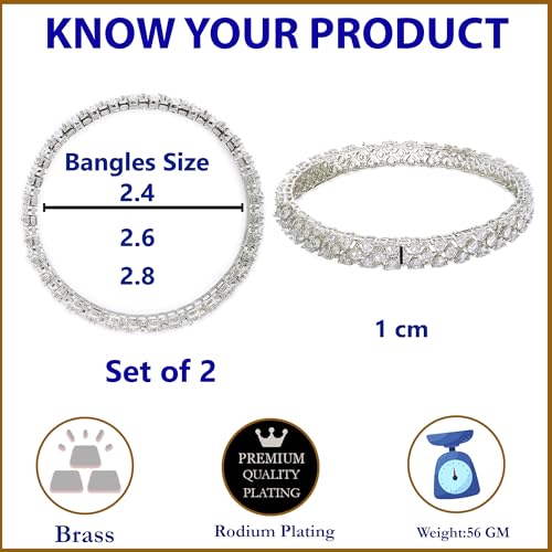 Image of ZENEME Rhodium-Plated Silver Toned White American Diamond Studded Bangle Set for Women and Girls
