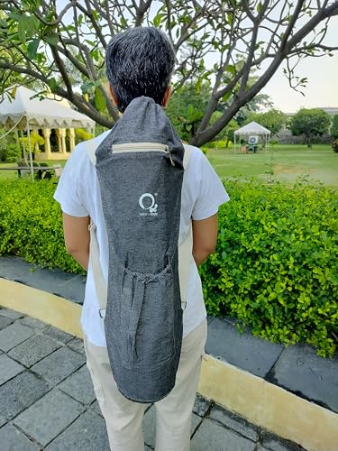 Image of O2 Yoga Mat Bag | Basic Style Cotton Yoga Mat Carry Bag with Adjustable Double Straps | Bottle Holder & Zipper Pocket | Yoga Mat Cover Bag for Women & Men | Fits 2mm-10mm Mats - Charcoal