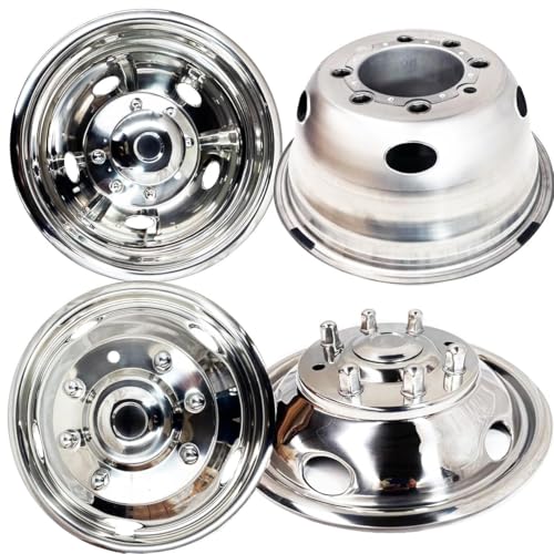 Image of 4pcs 19.5 inch Front Rear Polished Stainless Steel Dually Wheel Simulators,8 Lug 5 Hand Hole Bolt On Hub Caps,Skins Liners Wheel Covers w /Installation Tools for 1999-2004 Ford F450 F550 Super Duty C19F8