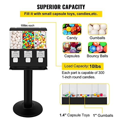 VBENLEM Triple Head Candy Vending Machine, 1-inch Gumball Vending Machine, Commercial Gumball Vending Machine with Stand and Adjustable Candy Outlet Size, Candy Vending Machine for Home, Gaming Stores - Thumbnail 3