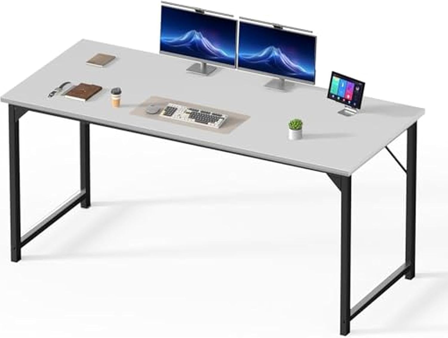 Sweetcrispy Small Computer Desk, 63" Office Writing Desk with Metal Frame & Wooden Top, X-Shaped Reinforcement, Student Study Home Bedroom Table, White