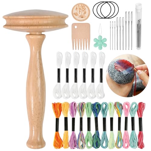 TCETCY Stopfpilz Holz Pilzform Flicken Pilze mit 18 Nähnadeln und 9 Nadeln Holz Stopfpilz Nadelfaden Set Stickerei Zubehör für DIY Handnähen Stopfsocken Kleidung Zuhause