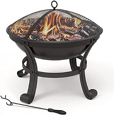VOUNOT® Brasero Exterior 55 cm Hoguera Jardín con Atizador, Protector de Chispas, Pozo de Fuego Fire Bowl Negro, para Jardín Terraza Camping Fiesta