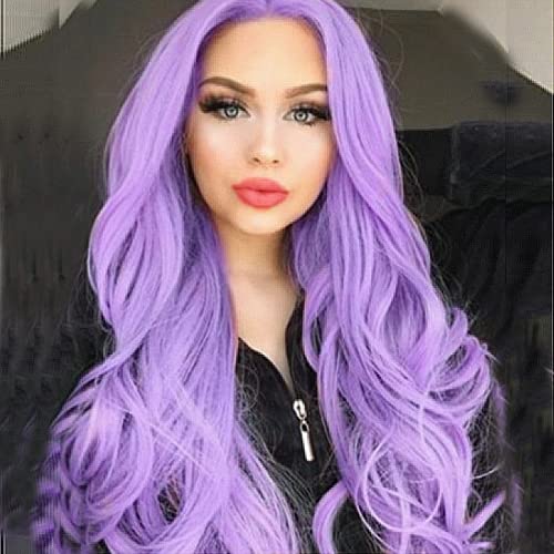 Peluca morada de encaje frontal, pelo sintético largo, resistente al calor, ondulado, parte media, para mujer, línea capilar natural, color lila, lavanda, 22 pulgadas, peluca de encaje atada a mano