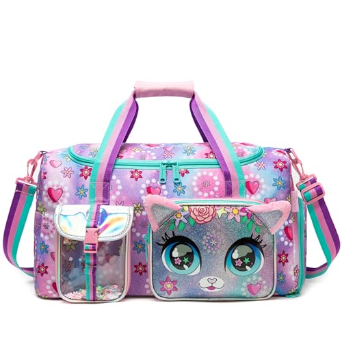 HTgroce Reisetasche für Kinder - Sporttasche für Schwimmunterricht & Reisen - Faltbare Weekender mit Schuhfach & Abnehmbarem Schultergurt - Ideal für Mädchen & Jungen - Katze Flower Cartoon Design HTgroce Reisetasche für Kinder - Sporttasche für Schwimmunterricht & Reisen - Faltbare Weekender mit Schuhfach & Abnehmbarem Schultergurt - Ideal für Mädchen & Jungen - Katze Flower Cartoon Design