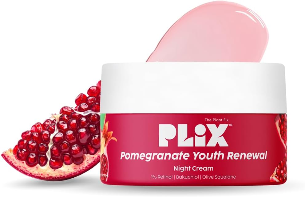 PLIX - THE PLANT FIX Pomegranate 1.20% Retinol & 1% Bakuchi Oil Anti Ageing Night Cream | Reduces Fine Line & Wrinkles | For Men & Women | 50 G