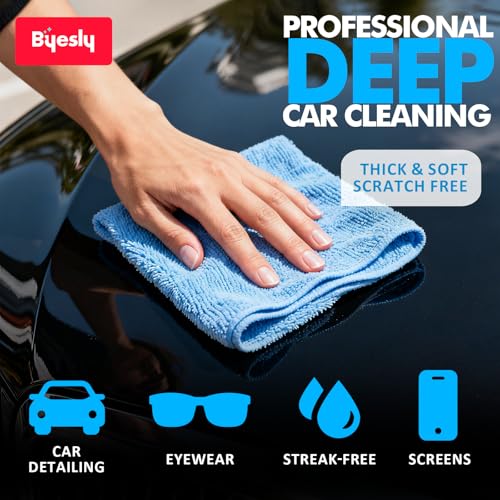 Byesly 12-Pack Microfiber Cleaning Cloth, 11.5x11.5 Microfiber Towels for Cars, Dishes & House, For Detailers, Chefs & Efficient Home | Scratch-Free, Lint-Free, Ultra Absorbent(Green/Blue/Yellow/Pink) — view 6