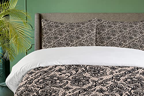 Ambesonne Gothic Duvet Cover Set, Abstract Graphic Lace Pattern Flowers Butterflies Old Fashioned Nature Inspired, Decorative 3 Piece Bedding Set With 2 Pillow Shams, Queen Size, Tan Black #TOP2