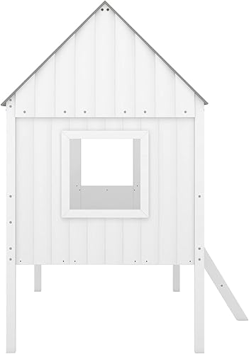 Miniatura 8 de Cama de tamaño individual para niños, marco de cama baja tamaño individual, cama individual de madera para niños con dos ventanas laterales y techo,