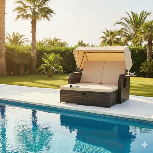 Mucola Strandkorb Polyrattan mit Dach Braun/Beige – 2-Sitzer...