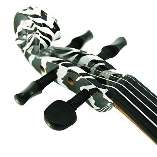 Image of Kinglos. Visual-Art Advanced Electric Violin 4 /4 Full Size Ebony Fittings | Kit Incl. Case Bow Shoulder Rest Aux Cable Spare Bridge Strings - Solid Wood Black Zebra Silent Violin Set for Adult Beginner