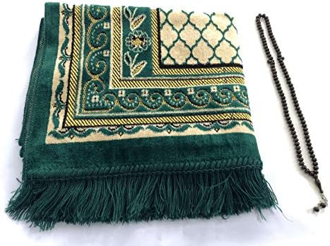 BAYKUL Muslim Prayer Rug-Islamic Turkish Velvet Rugs-Great Ramadan Gifts-Janamaz Prayer Mat Women Men-Islam Carpet-Portable Muslims Mats-Praying Rugs Islam-Sajadah-Gift Prayer Beads 99 (Green)