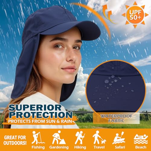 EINSKEY UPF 50+ Waterproof Sun Hat - Packable Unisex Baseball Cap with Neck Flap for Beach, Golf, Hiking, Fishing & Running Navy Blue