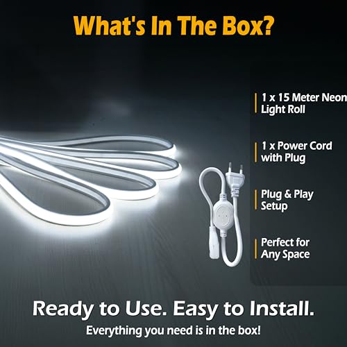 Image of Forus 15M LED Neon Strip Light White, 240 LEDs /M High Brightness COB Neon Rope Light, Waterproof IP65 Flexible Silicone Strip, Cuttable LED Light for Home, Bedroom, Wall Decor, Shop, Festival Lighting